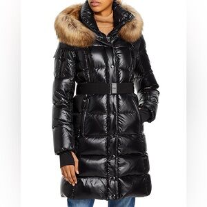 SAM. Infinity Coyote Fur Trim Black Gloss Long Puffer Down Coat Size Medium